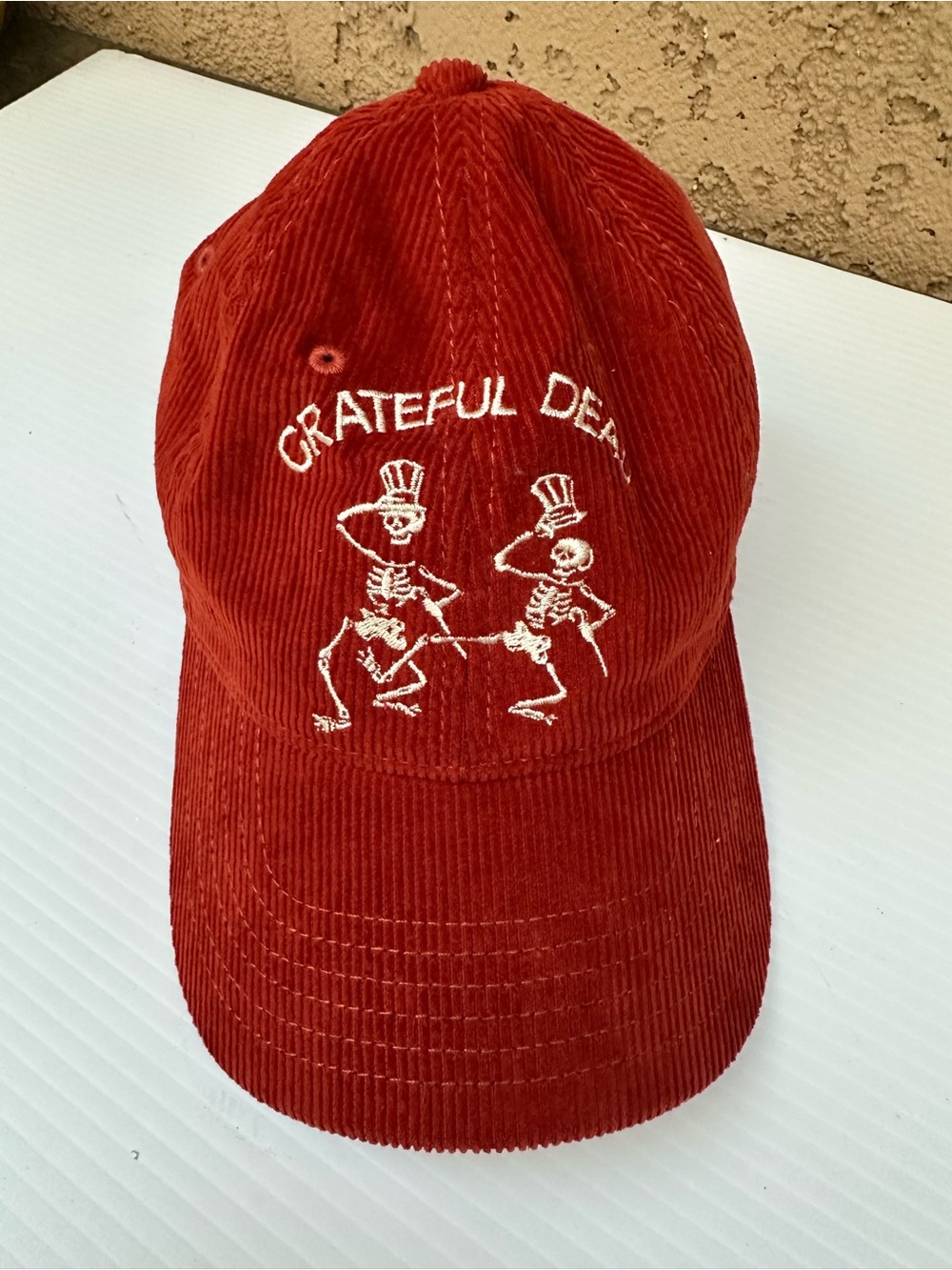 MAD Engine Red Corduroy Kids Hat with Dancing Skeletons